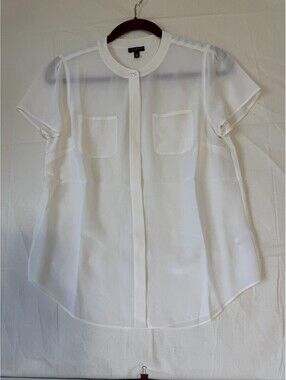 Talbots Top Womens 8P White Sheer Short Sleeve Button Front Chiffon Blouse